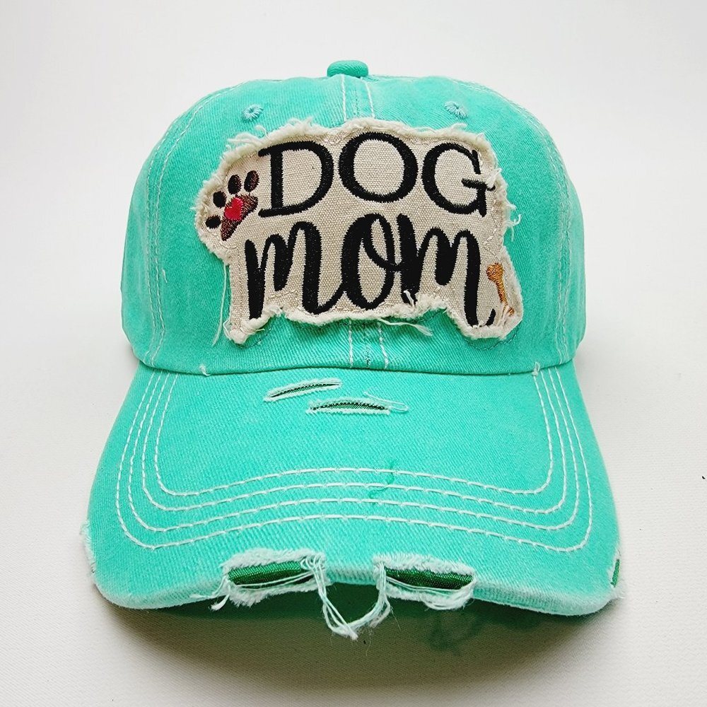 Dog Mom Distressed Relaxed Cotton Buckle Strap Full Cover Baseball Hat Cap Green